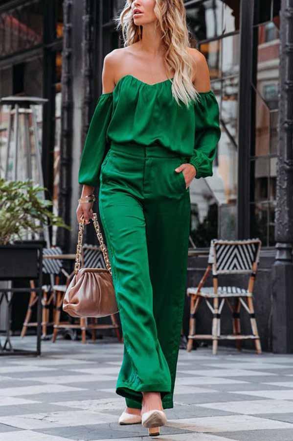 Adele Satin Off Shoulder Blouse & Wide Leg Pants Suit