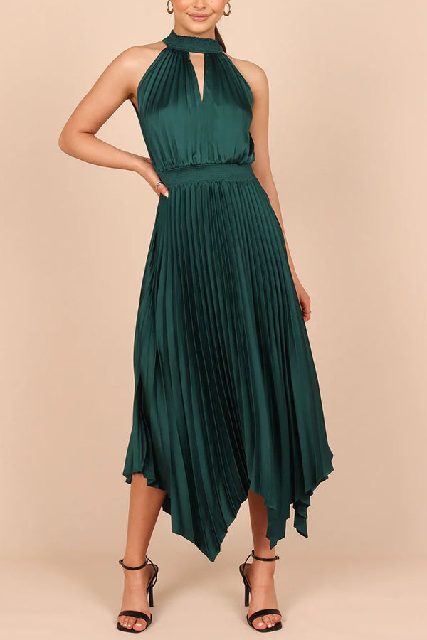 Luxe Look Satin Pleated Halter Elastic Waist Midi Dress