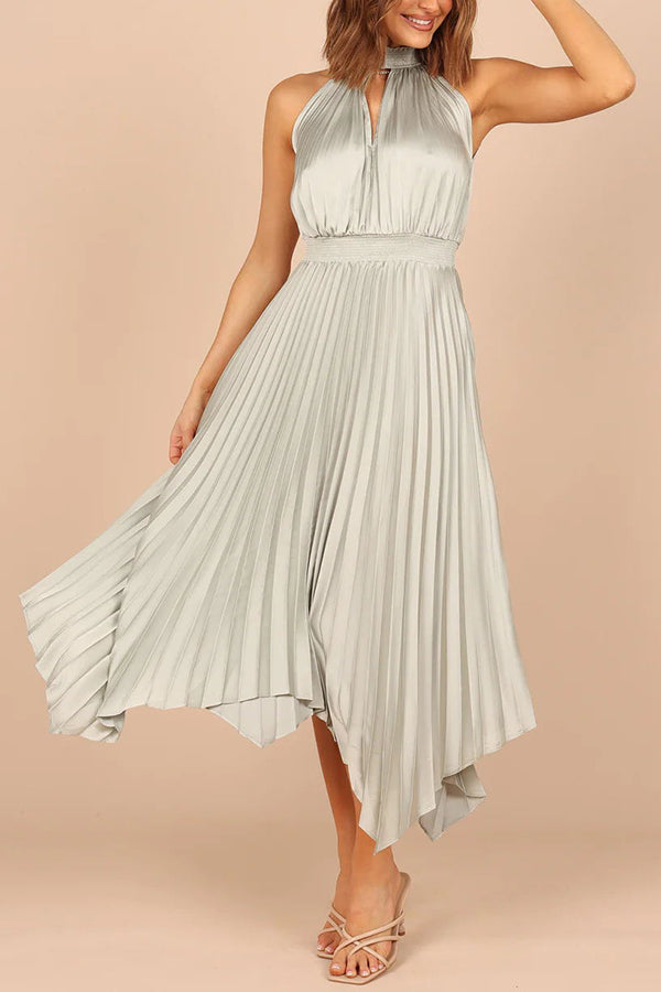 Luxe Look Satin Pleated Halter Elastic Waist Midi Dress