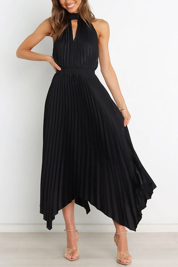 Luxe Look Satin Pleated Halter Elastic Waist Midi Dress