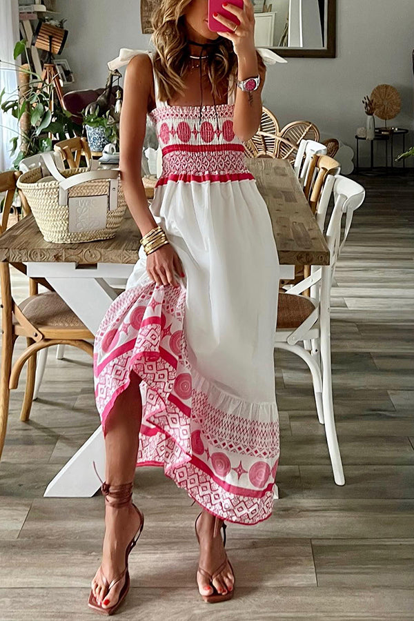 Malibu Villa Ethnic Printed Smocked Shoulder Tie Maxi Dress