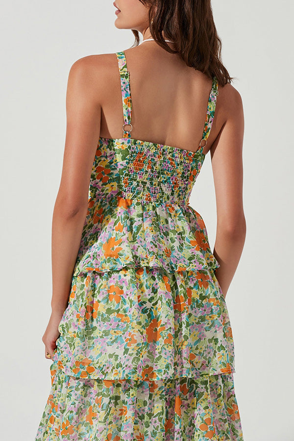 Floral Backless Tiered Hem Maxi Dress