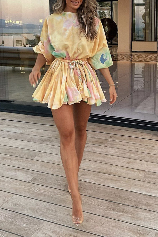 Balloon Sleeve Crew Neck Smudge Multicolored Pleated Mini Dress