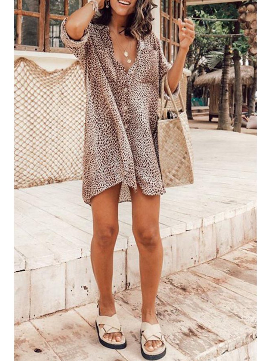 Leopard Printed Long Sleeve Shirt Mini Dress