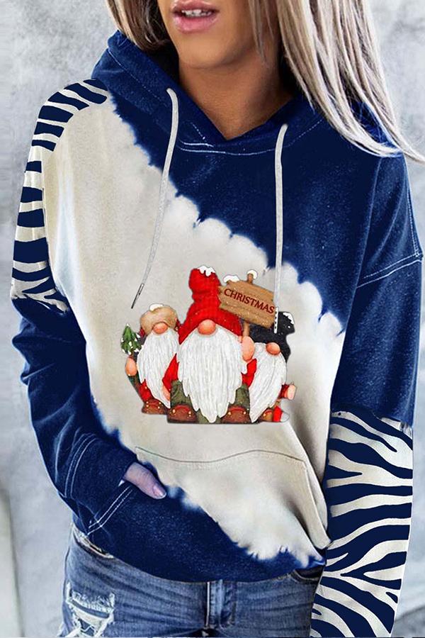 Santa Claus Print Color Block Hoodie  （Blue )