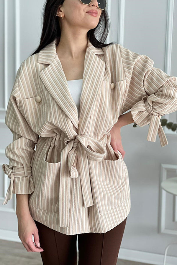 Beige Striped Belted Handle Lacing Detail