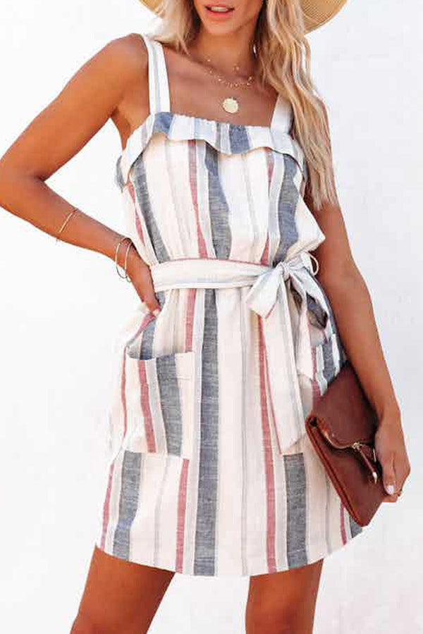 Sling Waist Striped Pocket Mini Dress