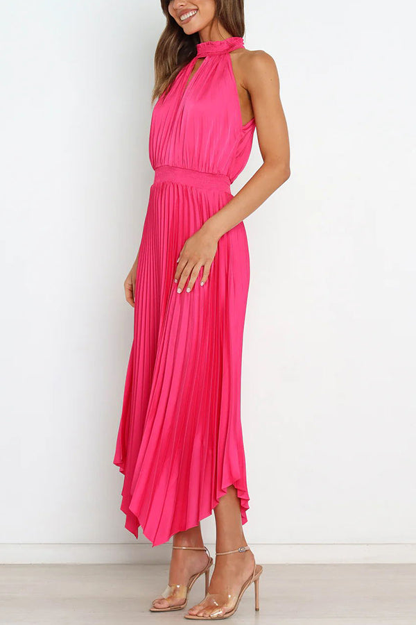 Luxe Look Satin Pleated Halter Elastic Waist Midi Dress