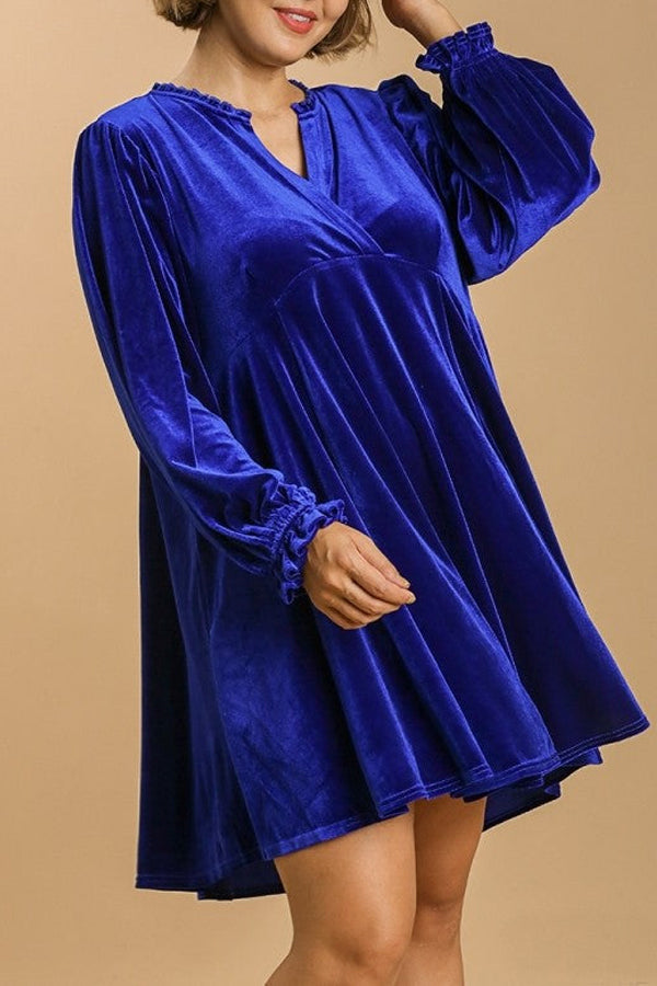 Umgee Velvet Dress with Puff Sleeves and Split Neckline in  Velvet