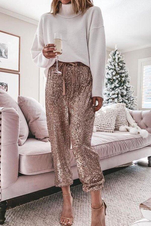 Sequin High Waist Drawstring Jogger Pants