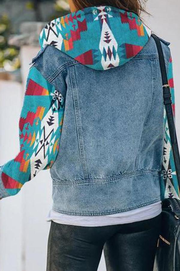 Tribal Print Denim Patchwork Hooded Jacket