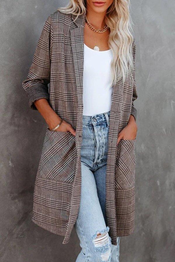 Mid-length Wide Collar Plaid Pocket Blazer