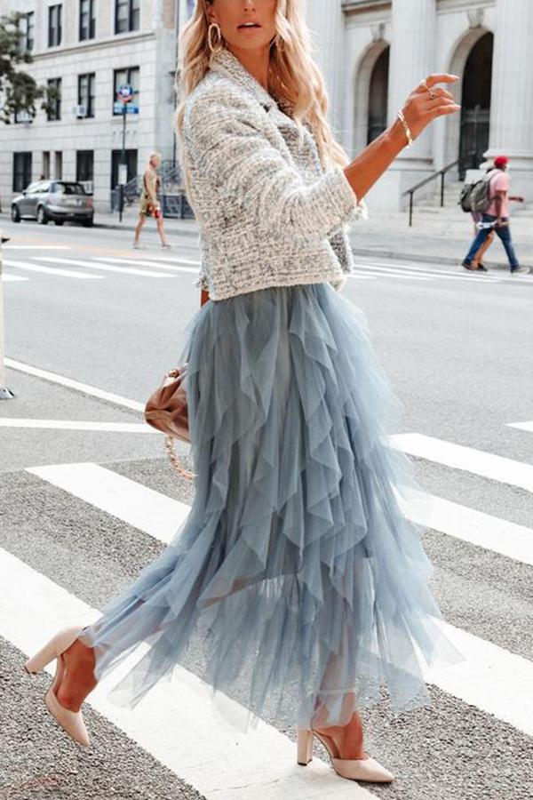 Allegro Ruffle Tulle Midi Skirt Grey Blue