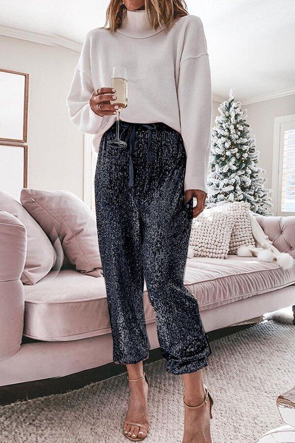 Sequin High Waist Drawstring Jogger Pants