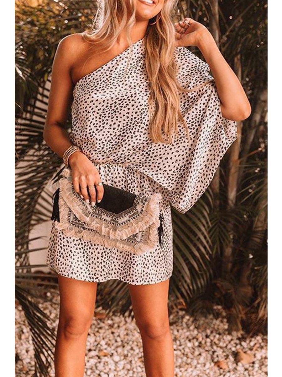 Leopard One Shoulder Batwing Sleeve Loose Dress