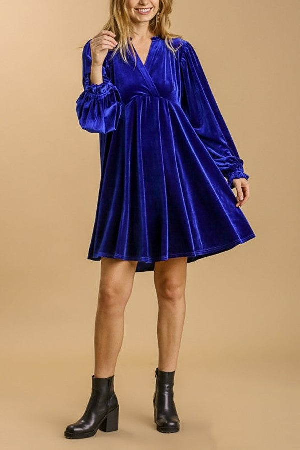 Umgee Velvet Dress with Puff Sleeves and Split Neckline in  Velvet