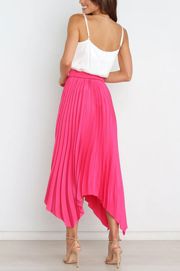 Yris Satin Pleated Elastic Waist Asymmetrical Hemline Midi Skirt