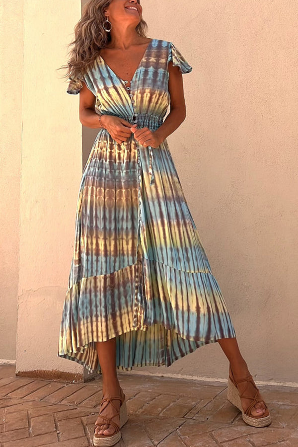 Lorina Tie-dye Print Button Smocked Waist Backless Midi Dress