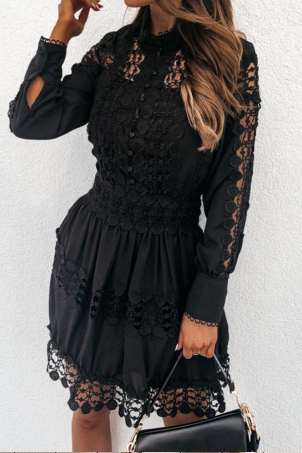 Lace Long-sleeved Solid Color Stitching Dress