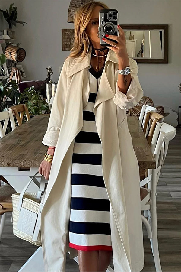 Stripe Elegant V Neck Cap Sleeve Midi Dress