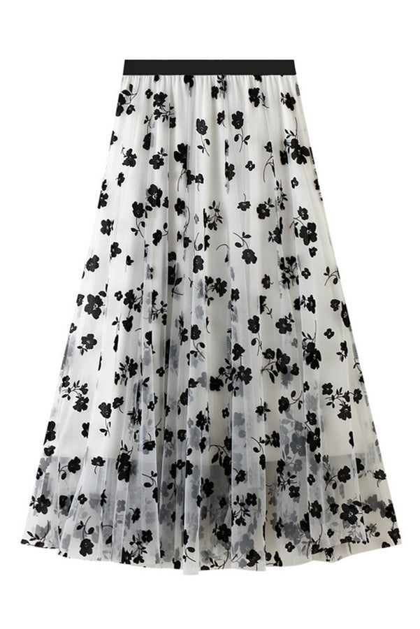 Jaclyn Flower Velvet Print Tulle Elastic Waist Midi Skirt