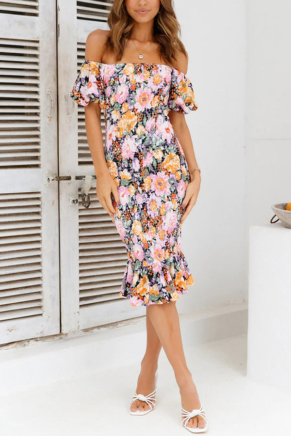 Flora Botanica Off Shoulder Puff Sleeve Smocked Midi Dress