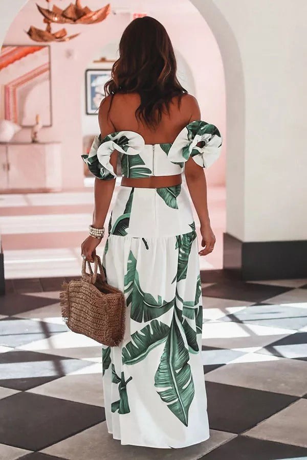 The Alessia Palm Ruffle Crop Top Maxi Skirt Suits