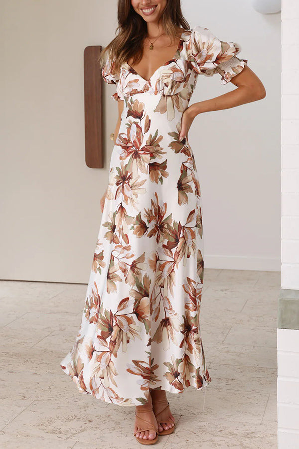 Seaside Space Floral Satin Open Back Crossover Straps Maxi Dress