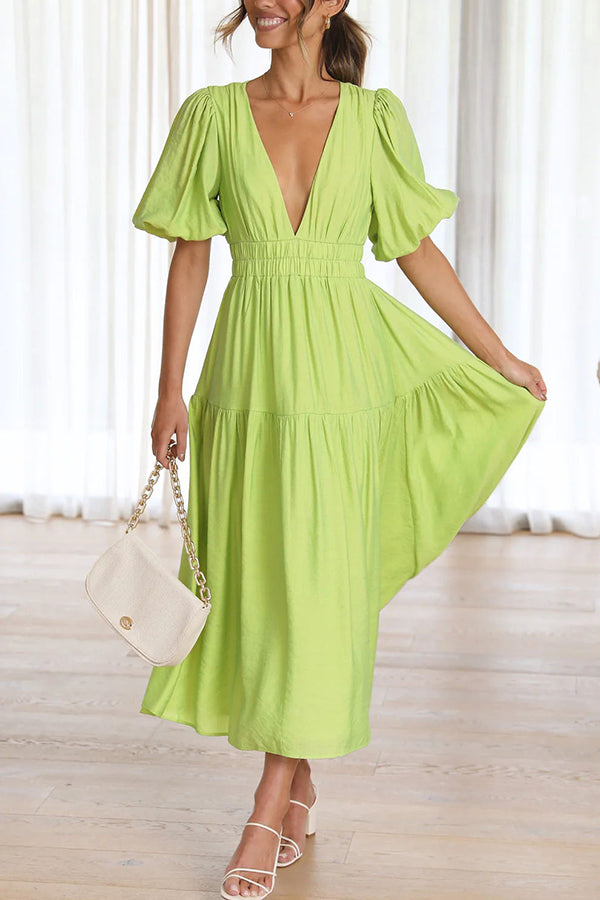 Sunshine Villa Puff Sleeve Elastic Waist Midi Dress