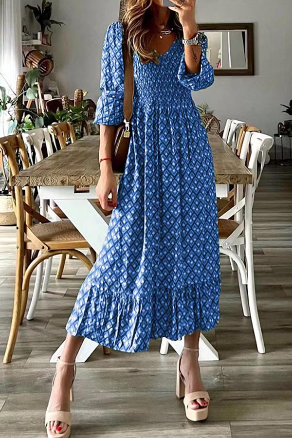 V-neck long skirt waist floral print large swing dress