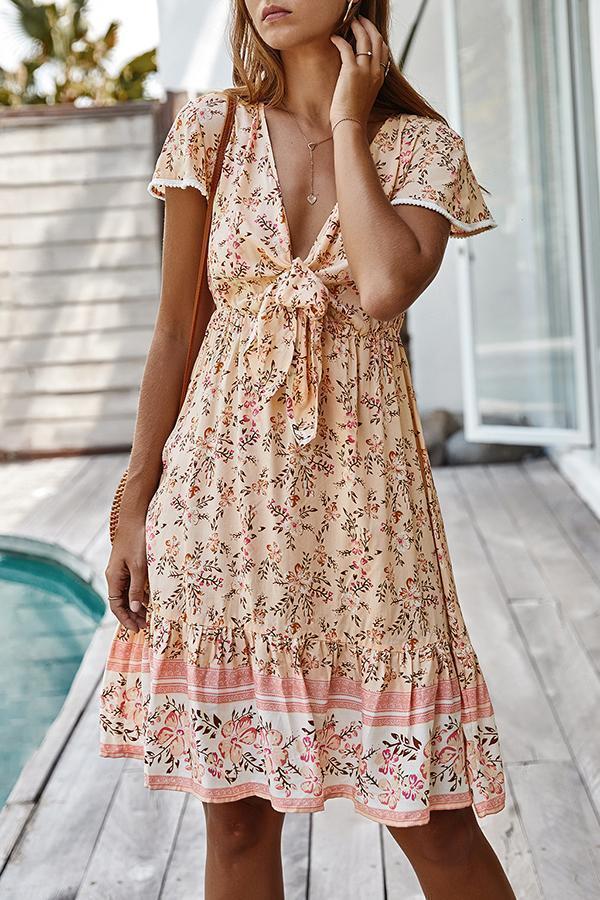 Bohemian V-neck Knotted Floral Dress