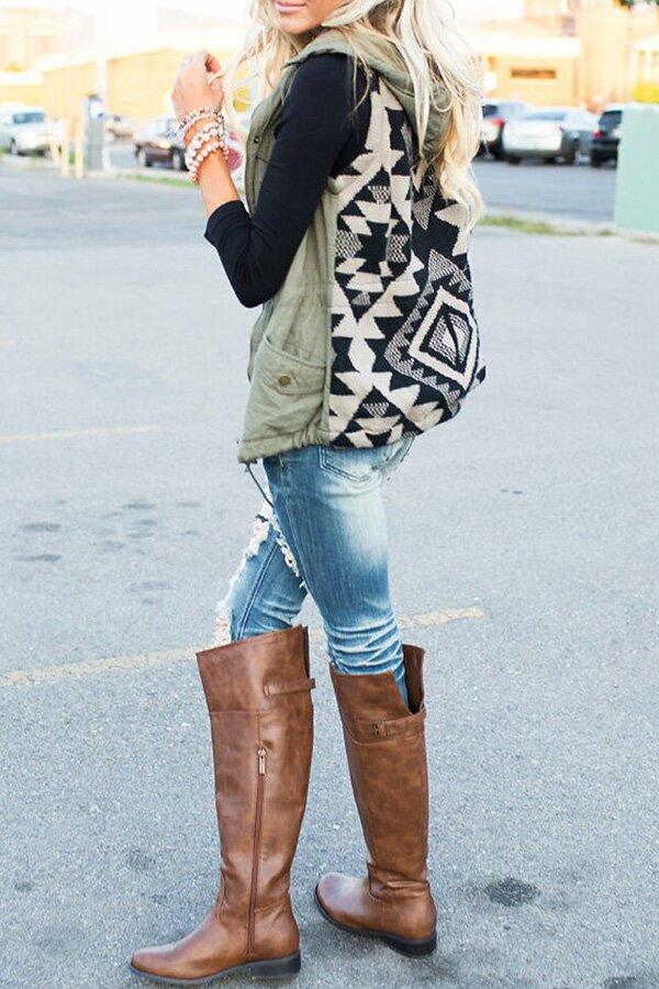 Casual Olive Aztec Back Hooded Vest Jacket