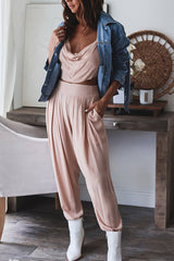 Cowl Neck Open Back Top & Pleated Pants Suit