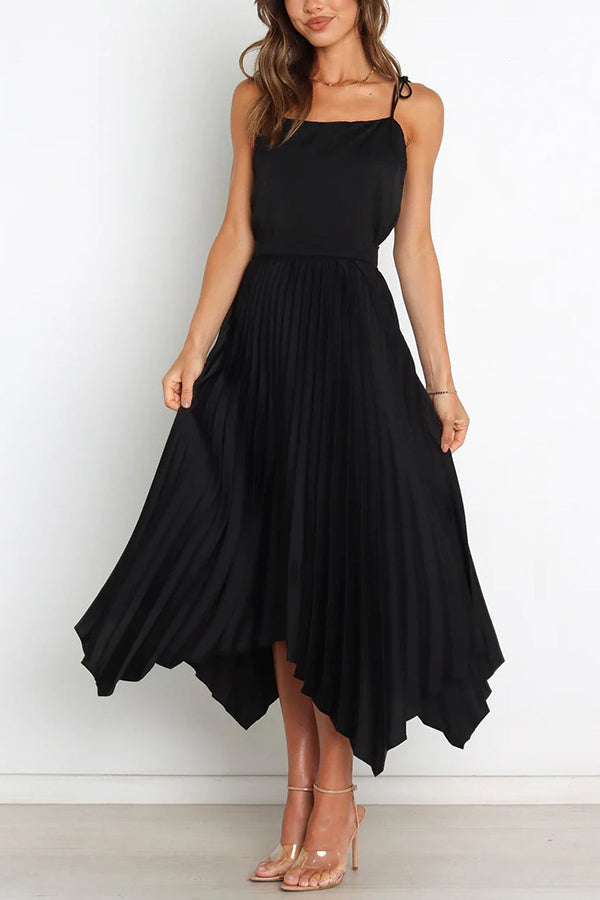 Yris Satin Pleated Elastic Waist Asymmetrical Hemline Midi Skirt