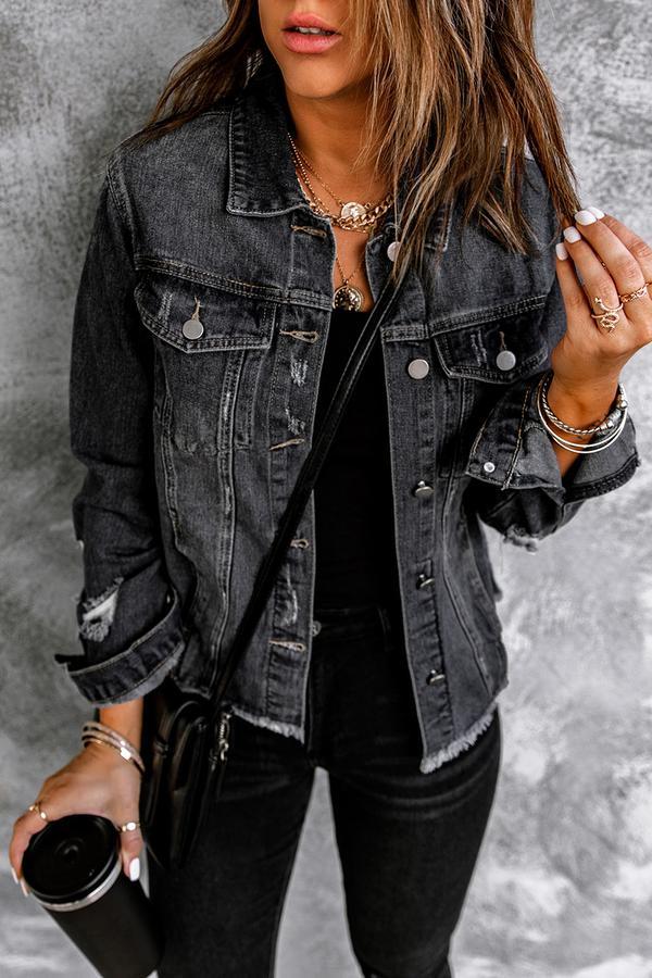 Lapel Distressed Raw Hem Buttons Denim Jacket