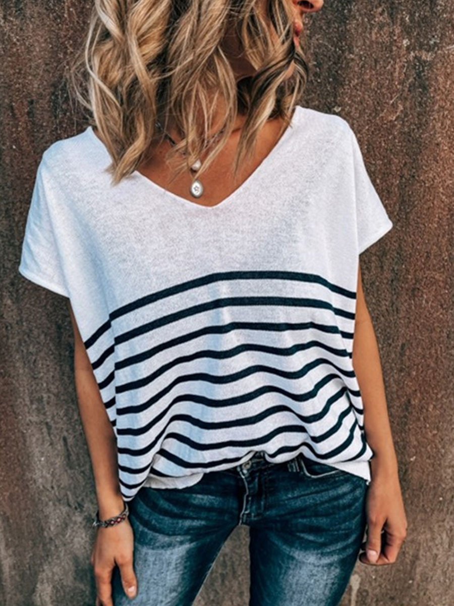 V-neck Striped Loose T-shirt