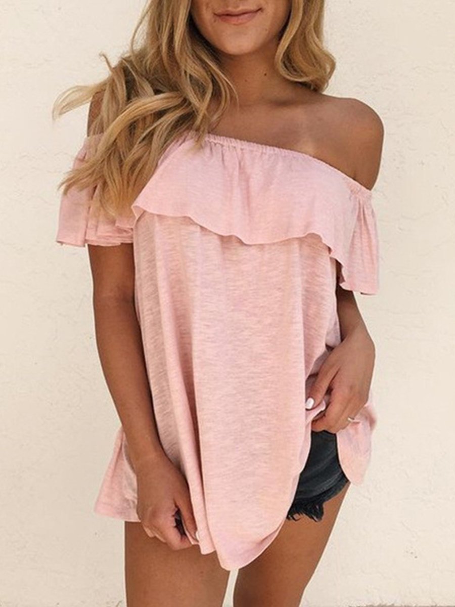 Casual Off-shoulder Ruffle Solid Top