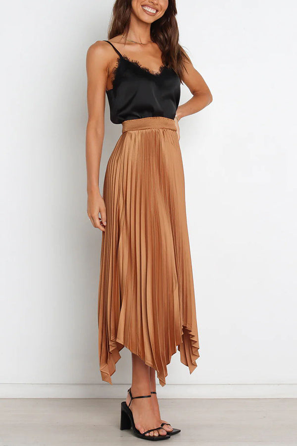 Yris Satin Pleated Elastic Waist Asymmetrical Hemline Midi Skirt