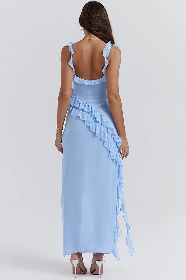 Ruffle Cami Boat Neck Backless High Slit Ruffle Hem Mesh Formal Party Maxi Dresses