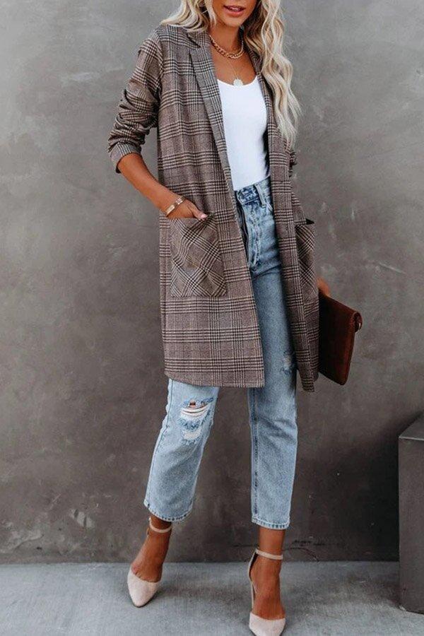 Mid-length Wide Collar Plaid Pocket Blazer