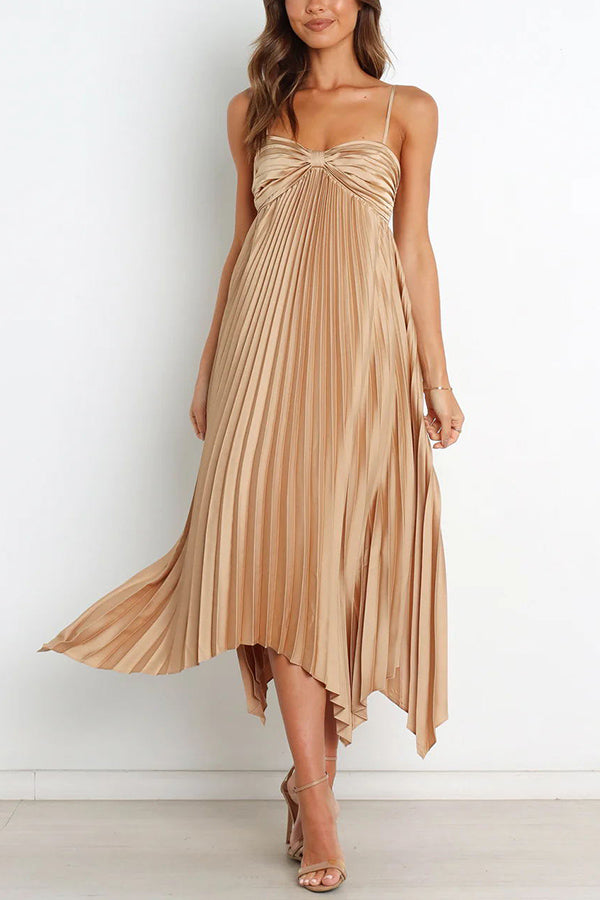 Kali Metallic Satin Asymmetrical Hemline Pleated A-line Midi Dress