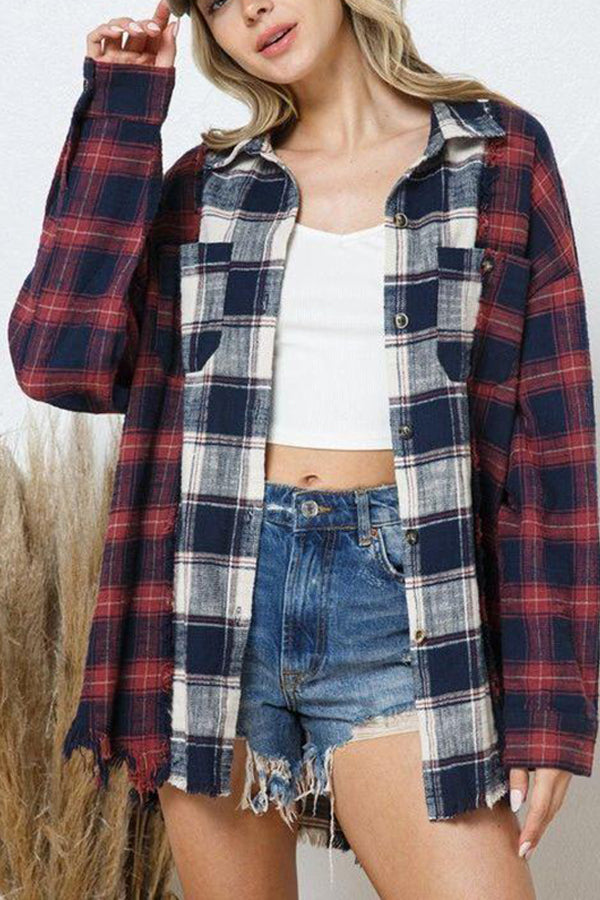 Autumn and Winter Color-block Plaid Hem Wool Long-sleeved Shirt