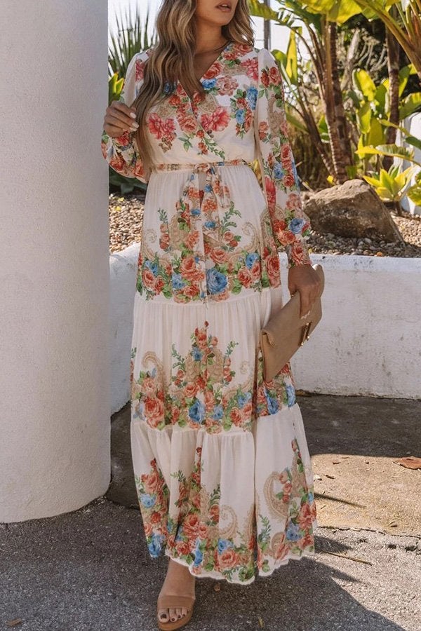 V-neck Floral Tiered Maxi Dress