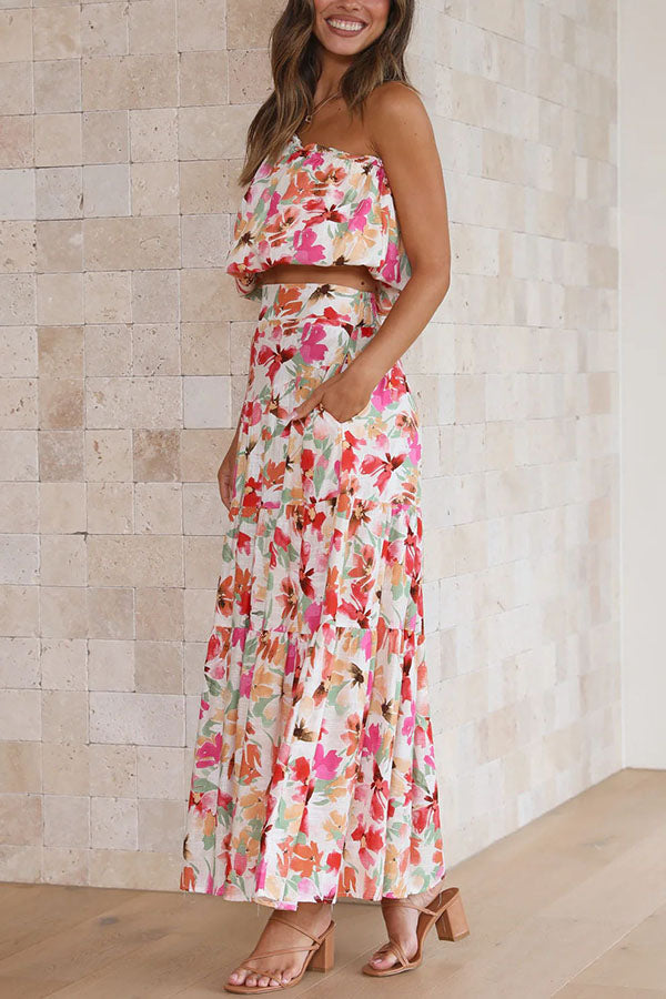 Sunny Spritzer Floral Pocketed One Shoulder Midi Skirt Set