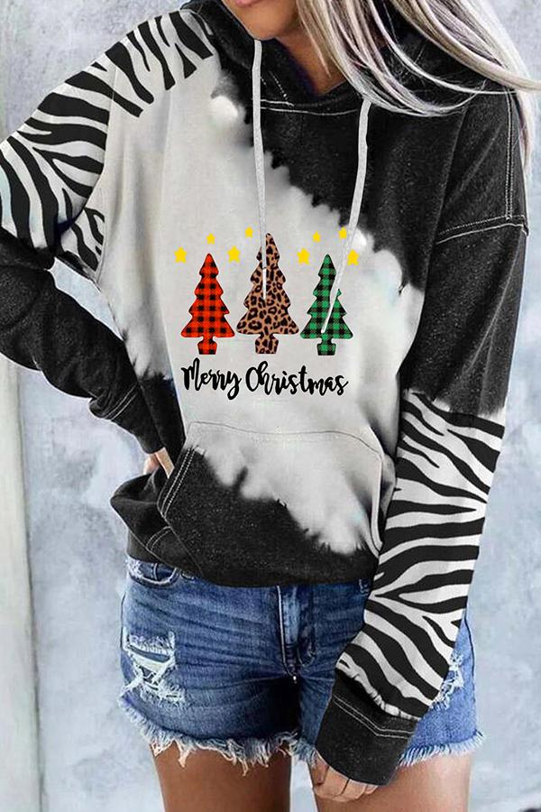 Santa Claus Print Color Block Hoodie  （Black）