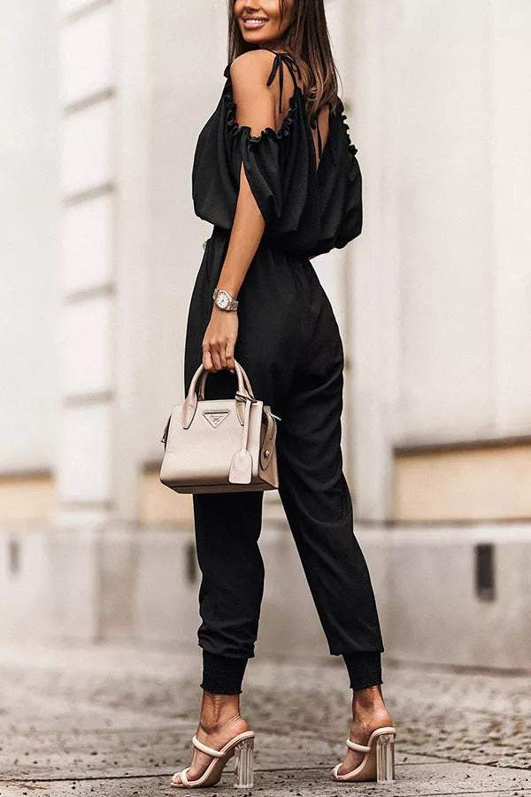 Wonderful Ideas Ruffle Cold Shoulder Jumpsuit