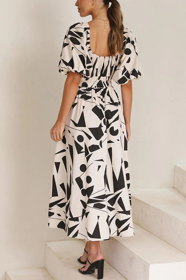 Kapri Geometric Print Puff Sleeve Elastic Waist Pocketed Midi Dress