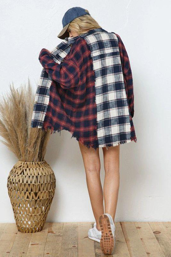 Autumn and Winter Color-block Plaid Hem Wool Long-sleeved Shirt