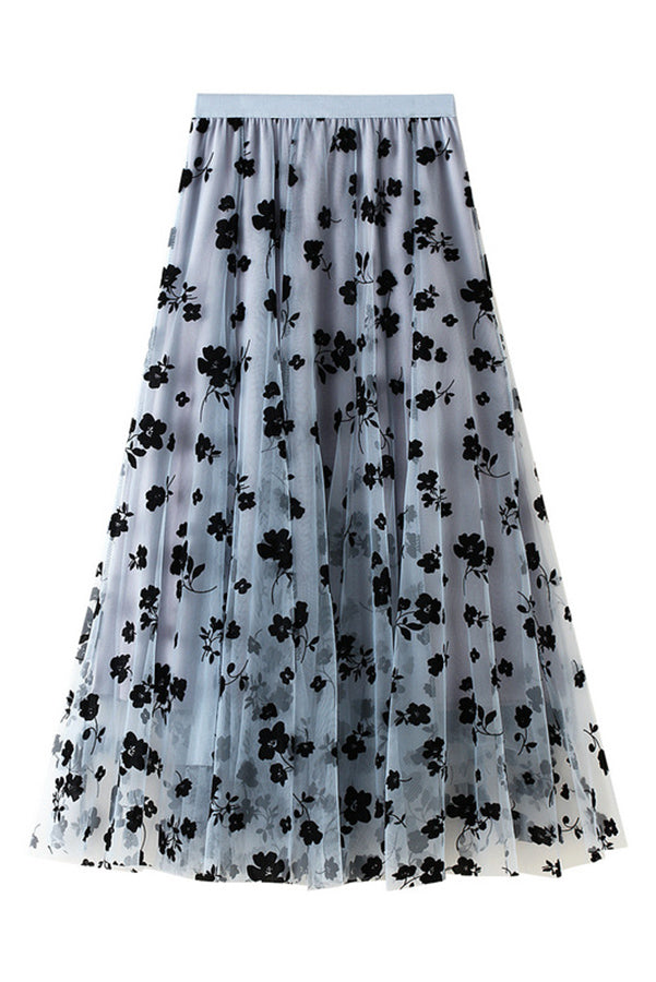 Jaclyn Flower Velvet Print Tulle Elastic Waist Midi Skirt