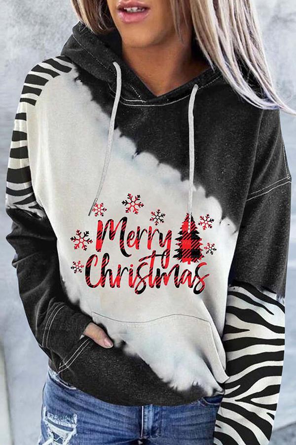 Santa Claus Print Color Block Hoodie  （Black）